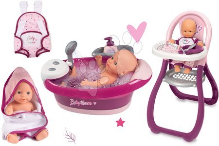 Punčke in dojenčki - Komplet banjica s tekočo vodo elektronska Violette Baby Nurse Smoby s kengurujčkom za dojenčka in stolčkom za hranjenje