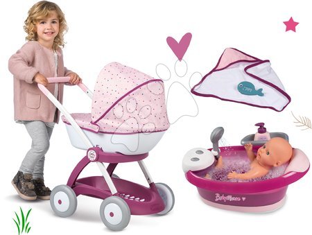 Păpuși - Set cădiță cu apă curentă electrică Violette Baby Nurse Smoby cu cărucior adânc