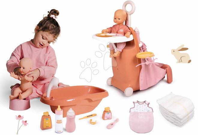 Къщички за кукли - Комплект преоблекателен куфар с легълце и ваничка 3 в 1 Nursery Soft Baby Nurse Smoby