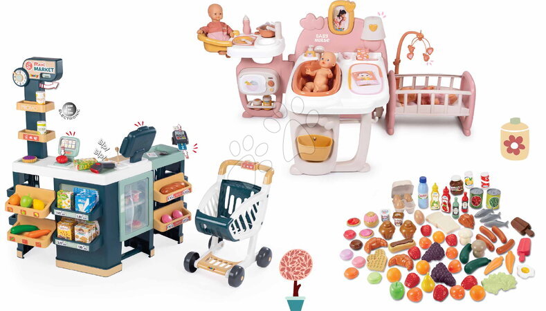 Babacenter - Szett háromszárnyú babacenter és szupermarket Large Doll´s Play Center Soft Baby Nurse Smoby