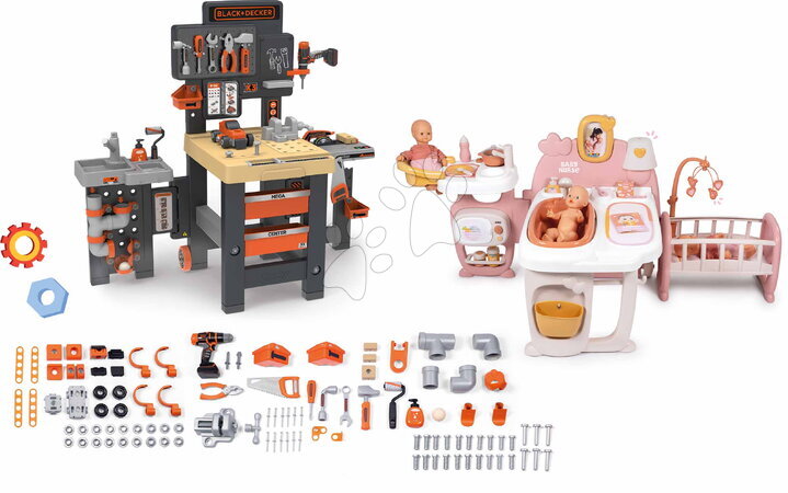Babacenter - Szett háromszárnyú babacenter és barkácsműhely Large Doll´s Play Center Soft Baby Nurse Smoby