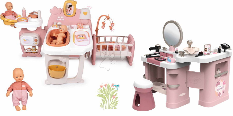 Babacenter - Szett háromszárnyú babacenter és pipere asztal Large Doll´s Play Center Soft Baby Nurse Smoby