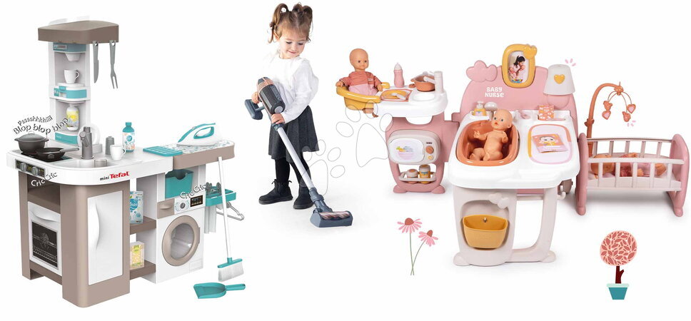 Babacenter - Szett háromszárnyú babacenter és elektronikus játékkonyha Large Doll´s Play Center Soft Baby Nurse Smoby