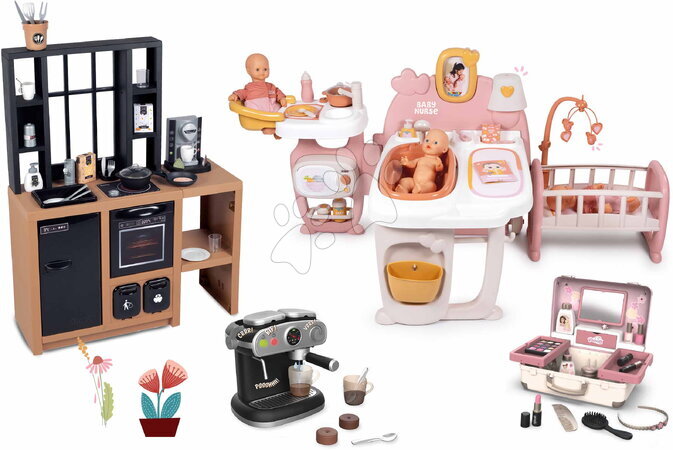 Hračky pre dievčatá | Strana 2 - Set domček pre bábiku trojkrídlový a kuchynka s kávovarom Large Doll´s Play Center Soft Baby Nurse Smoby