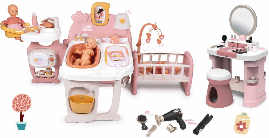 Babacenter | Oldal 2 - Szett háromszárnyú babacenter és pipere asztal székkel Large Doll´s Play Center Soft Baby Nurse Smoby