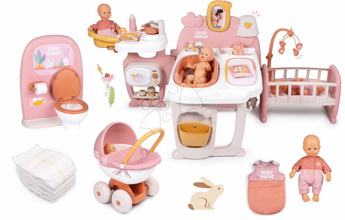 Кукли - Set domček trojkrídlový a kúpeľňa so záchodom pre 32 cm bábiku Large Doll´s Play Center Soft Baby Nurse Smoby