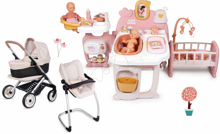Babacenter - Szett háromszárnyú babacenter és etetőszék Large Doll´s Play Center Soft Baby Nurse Smoby