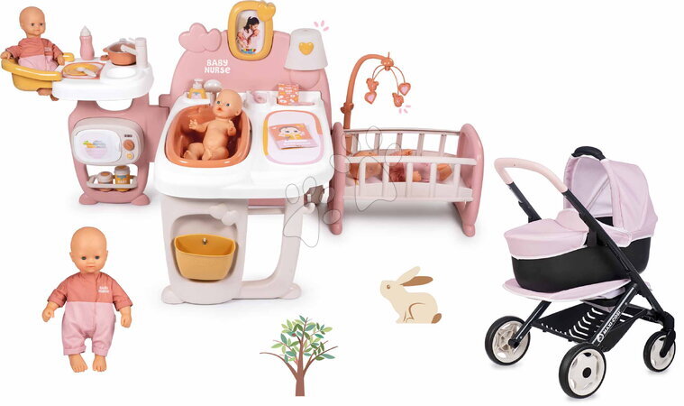 Domčeky pre bábiky sety - Set domček pre bábiku trojkrídlový a kočík trojkombinácia Large Doll´s Play Center Soft Baby Nurse Smoby
