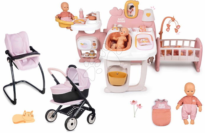 Babacenter - Szett háromszárnyú babacenter és babakocsi etetőszékkel Large Doll´s Play Center Soft Baby Nurse Smoby