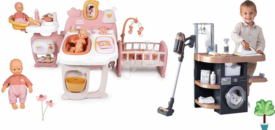 Babacenter - Szett háromszárnyú babacenter és mosókonyha Large Doll´s Play Center Soft Baby Nurse Smoby