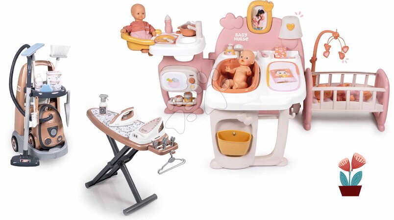 Muñecas - Set domček pre bábiku trojkrídlový a upratovací vozík Large Doll´s Play Center Soft Baby Nurse Smoby