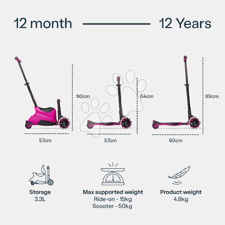 Odrážadlá od 12 mesiacov - Odrážadlo a kolobežka 2v1 trojkolesová s LED kolesami Xtend Scooter Ride-on Pink smarTrike - 16