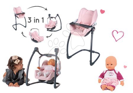 Stoličky pre bábiky - Set jedálenská stolička s autosedačkou a hojdačkou Powder Pink Maxi Cosi&Quinny Smoby