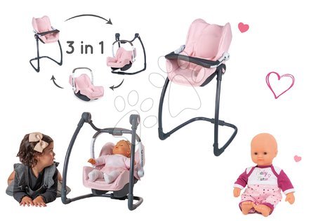 Scaun de masă pentru păpuși - Set scaun de masă cu scaun auto și leagăn Powder Pink Maxi Cosi&Quinny Smoby