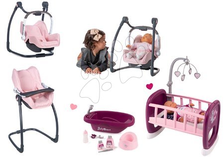 Kočíky pre bábiky sety - Set jedálenská stolička s autosedačkou a hojdačkou Powder Pink Maxi Cosi&Quinny Smoby