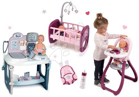 Lékařské vozíky sety - Set zdravotnický pult pro lékaře Baby Care Center Smoby s jídelní židličkou a postýlka s klokankou a lahví