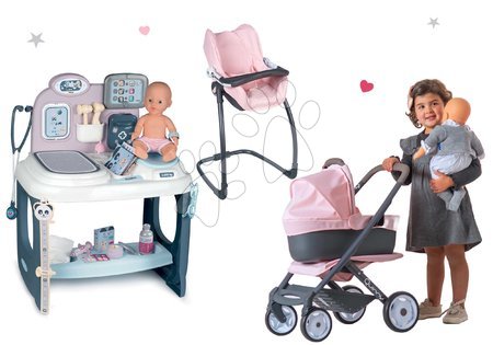 Lékařské vozíky sety - Set zdravotnický pult pro lékaře Baby Care Center Smoby s kočárkem trojkombinací a jídelní židle s houpačkou a autosedačkou Maxi Cosi