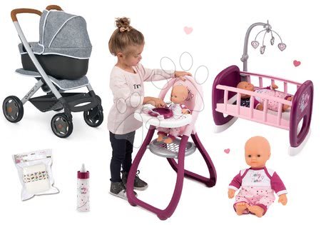 Kinderwagen für Puppen Sets - Puppenwagen-Set DeLuxe Pastell Maxi Cosi&Quinny Sport Grey 3in1 Smoby