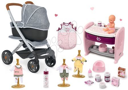 Kinderwagen für Puppen Sets - Puppenwagen-Set DeLuxe Pastell Maxi Cosi&Quinny Sport Grey 3in1 Smoby