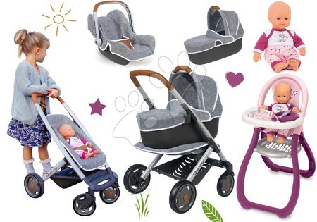 Kinderwagen für Puppen Sets - Puppenwagen-Set DeLuxe Pastell Maxi Cosi&Quinny Sport Grey 3in1 Smoby
