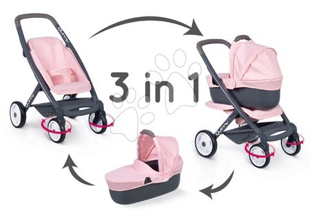 Wózek 3-kombinacja Powder Pink 3in1 Maxi Cosi&Quinny Smoby głęboki i sportowy i przenośne łóżeczko dla lalki 42 cm