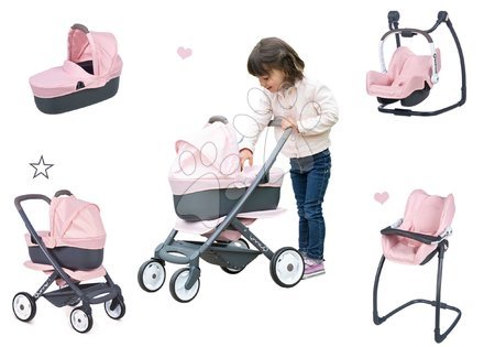 Punčke in dojenčki - Komplet voziček 3v1 Powder Pink 3in1 Maxi Cosi&Quinny Smoby s stolčkom za hranjenje gugalnikom in lupinico