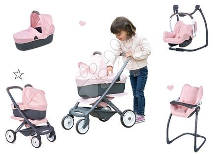 Păpuși - Set cărucior combinație triplă Powder Pink 3in1 Maxi Cosi&Quinny Smoby 