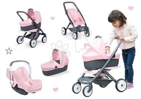 Păpuși - Set cărucior combinație triplă Powder Pink 3în1 Maxi Cosi&Quinny Smoby 