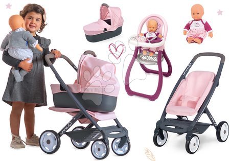Vozički za punčke in dojenčke - Komplet kombiniran voziček 3v1 Powder Pink 3in1 Maxi Cosi&Quinny Smoby in stolček za hranjenje ter dojenček