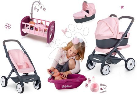 Punčke in dojenčki - Komplet kombinirani voziček Powder Pink 3in1 Maxi Cosi & Quinny Smoby in posteljica ter banjica