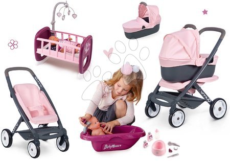 Játékbabák gyerekeknek - Szett kombinált babakocsi Powder Pink 3in1 Maxi Cosi&Quinny Smoby 