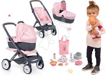 Păpuși - Set cărucior combinație triplă Powder Pink 3in1 Maxi Cosi & Quinny Smoby cu păpușă și accesorii
