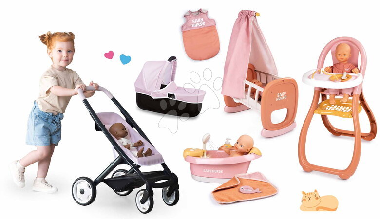 Kolica za lutke setovi - Set trokombinacijskih kolica s košarom Puschair Pink Maxi Cosi&Quinny Smoby_1