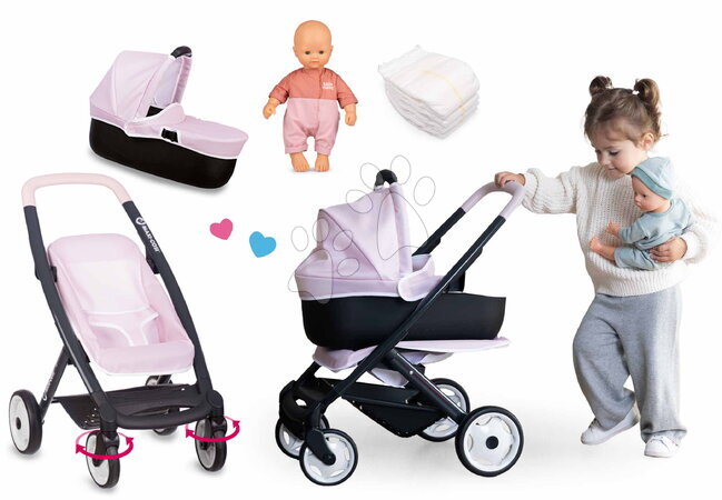 Puppenwagen  - Set Kinderwagen 3-in-1 mit Puppe in Strampler Puschair Pink Maxi Cosi & Quinny Smoby
