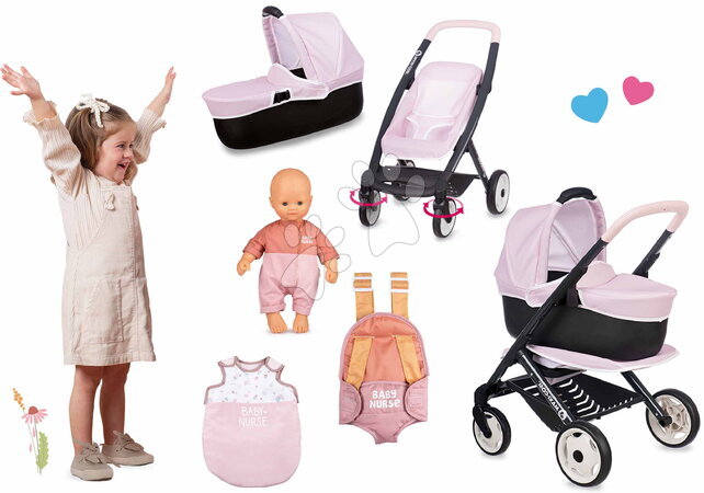 Maxi-Cosi Quinny - Set kočárek trojkombinace a klokanka s panenkou Puschair Pink Maxi Cosi&Quinny Smoby