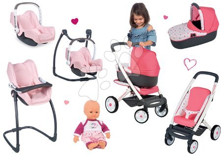 Cărucioare de la 18 luni - Set cărucior adânc Trio Pastel Maxi Cosi&Quinny 3în1 Smoby și scaun de masă, scaun de mașină și leagăn cu păpușă de jucărie