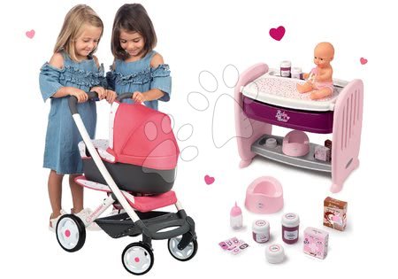 Kinderwagen für Puppen Sets - Set Puppenwagen tief Trio Pastell Maxi Cosi & Quinny 3in1 Smoby und ein Puppenbett mit Pinkel-Puppe Baby Nurse
