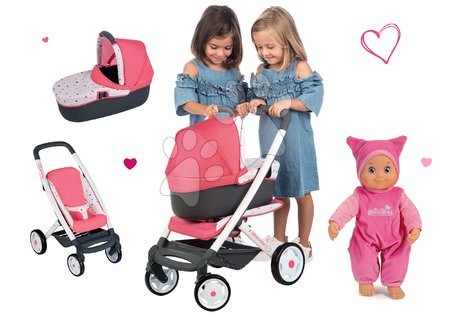 Vozički za punčke in dojenčke - Komplet voziček globoki trikombinacija Trio Pastel Maxi Cosi & Quinny 3v1 Smoby in dojenček MiniKiss z zvokom