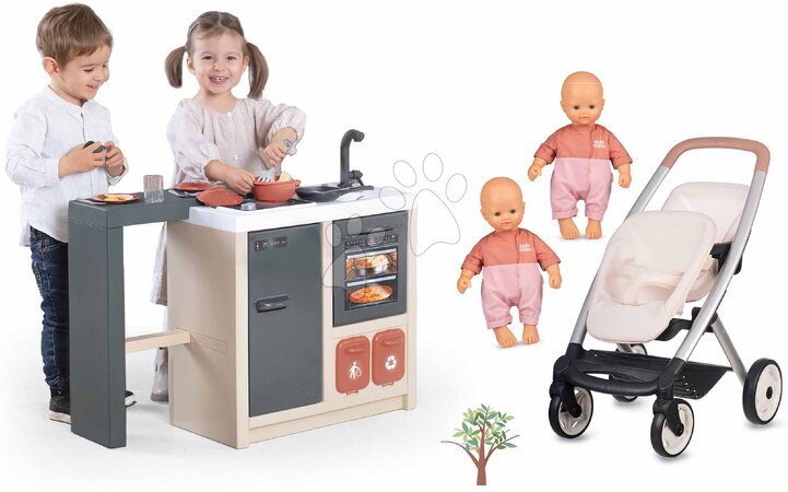 Kolica za lutke setovi - Set kolica s lutkama blizankama u kuhinji Twin Pushchair Sandy Maxi Cosi&Quinny Smoby