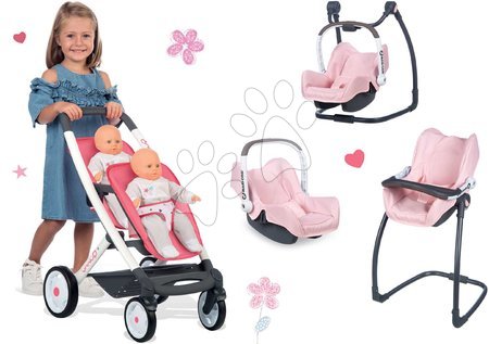 Vozički za punčke in dojenčke - Komplet voziček za dva dojenčka Trio Pastel Maxi Cosi & Quinny Smoby in stolček, avtosedež in gugalnik