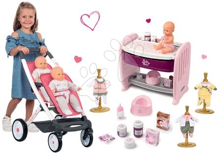 Kinderwagen für Puppen Sets - Set Puppenwagen für zwei Puppen Twin Trio Pastell Maxi Cosi&Quinny Smoby und eine Krippe zu der pinkelnder Puppe und ein Kleid