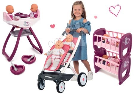 Kinderwagen für Puppen Sets - Set Puppenwagen für zwei Puppen Twin Trio Pastell Maxi Cosi&Quinny Smoby und Baby Nurse Esszimmerstuhl und Puppenbetten für 42 cm große Puppen