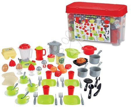 Játékkonyha kiegészítők és edények - Konyhai eszközök élelmiszerek tárolódobozban Dining Set Écoiffier