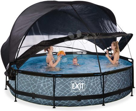 Schwimmbecken rund - EXIT Stone Pool ø360x76cm mit Filterpumpe und Abdeckung und Sonnensegel - grau - 1
