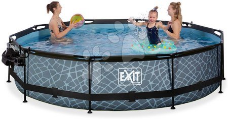 Schwimmbecken rund - EXIT Stone Pool ø360x76cm mit Filterpumpe und Abdeckung und Sonnensegel - grau - 2