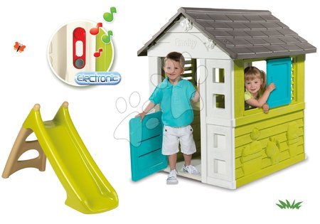 Dětské domečky - Set domeček Pretty Blue se zasouvací okenicí Smoby a skluzavka Toboggan XS a dárek elektronický zvonek od 24 měsíců