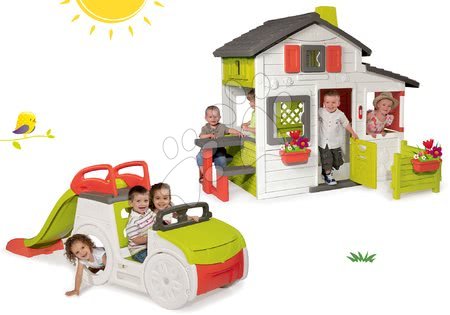 Dětské domečky - Set domeček Přátel Smoby s předzahrádkou a prolézačka Adventure Car s pískovištěm a skluzavkou1,5 m