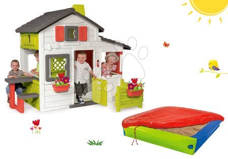 Otroške hišice - Komplet hišica Prijateljev Smoby s predhišnim vrtom in peskovnik s pokrivalom