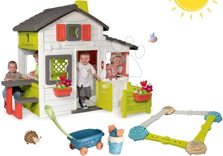 Hračky pro děti od 3 do 6 let - Set domeček Přátel Smoby s předzahrádkou a vozík na tahání s dobrodružnou dráhou pro rozvoj pohybu a rovnováhy