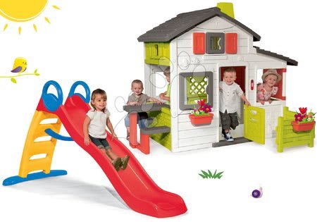 Hračky pro děti od 3 do 6 let - Set domeček Přátel Smoby s předzahrádkou a skluzavka Funny Toboggan 2metrová